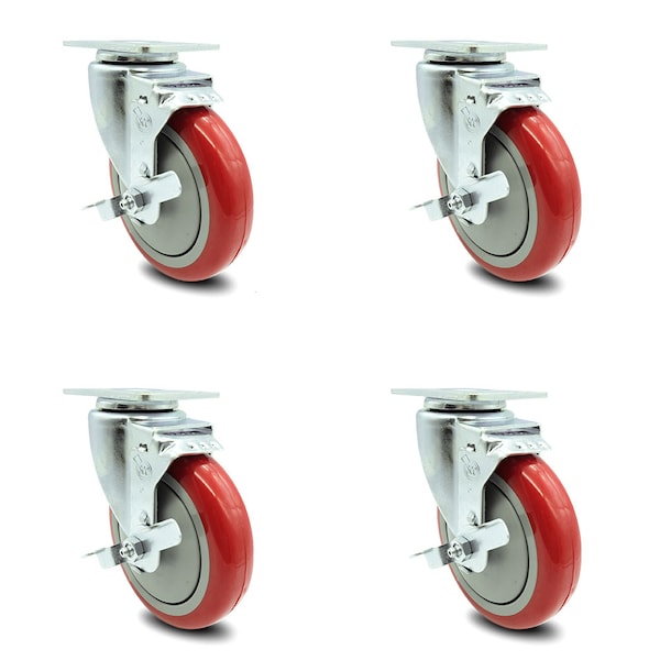 5 Inch Red Polyurethane Wheel Swivel Top Plate Caster Set with Brake SCC